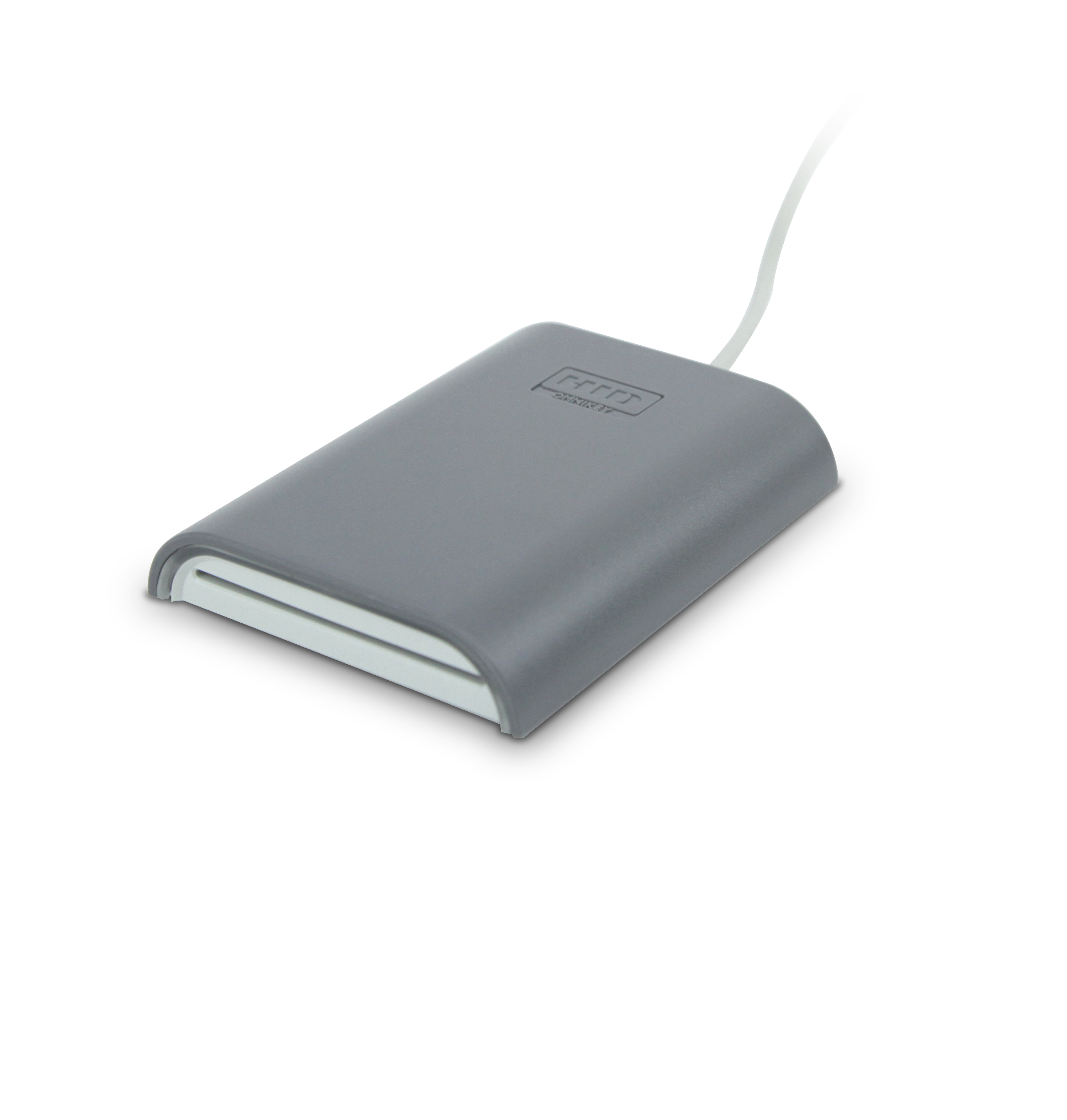 An HID OMNIKEY 5422 Dual Interface Contact & Contactless Smart Card Reader, showing a gray device with a white label and a white cable.